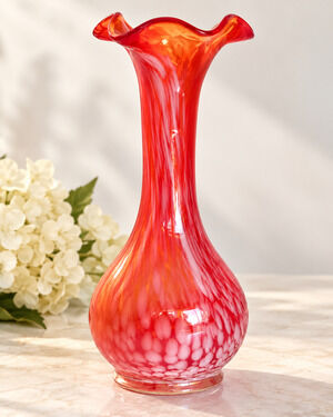 Vintage Lefton Japan Hand Blown Pink Art Glass Vase Ruffled Rim 1960s 6 in